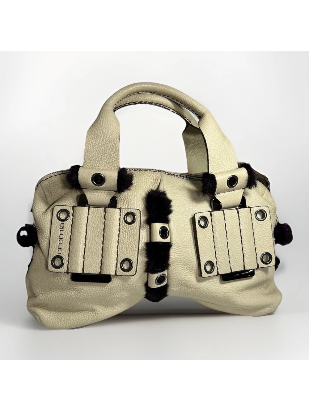 Cromia Italian Made Leather HandBag Purse in Cream w/ Fur Accent Brown Interior
